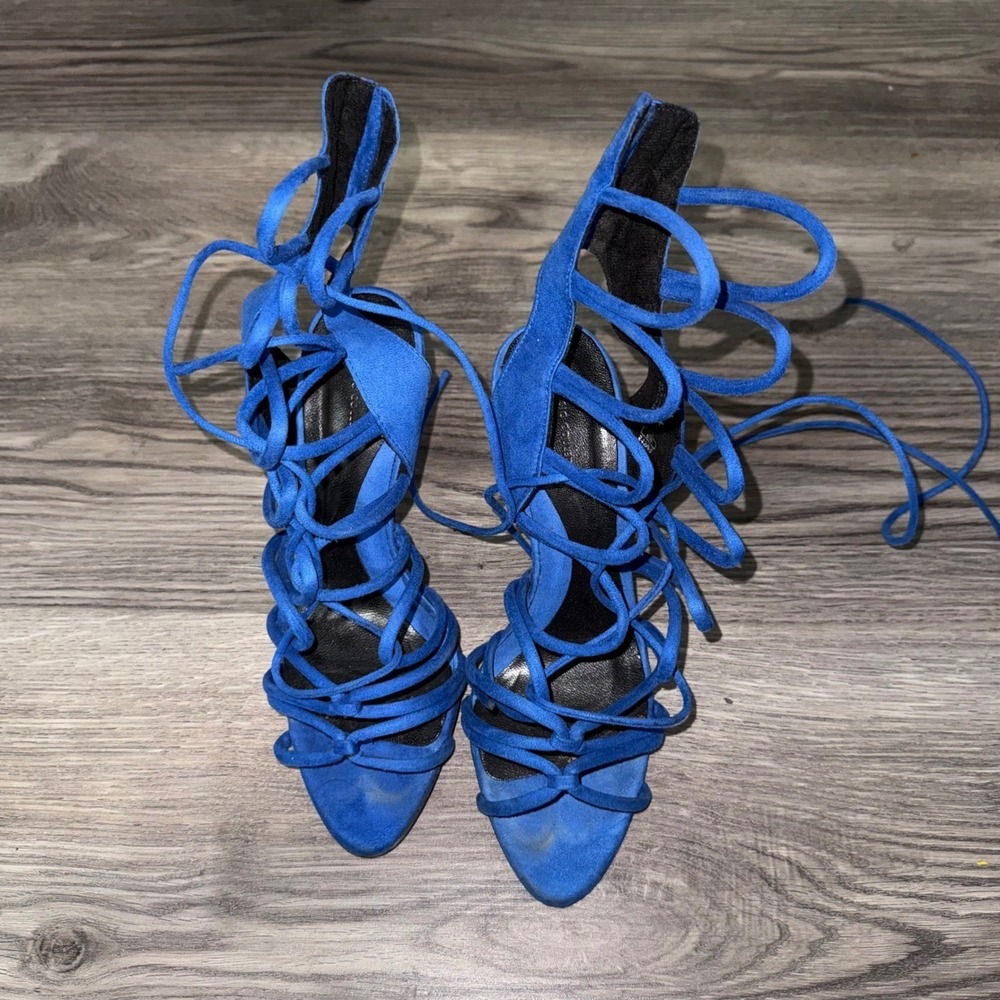 Zara Lace Up Heels Size 38 Blue Strappy Stiletto Sexy‎ Cage Sandals - Picture 2 of 6